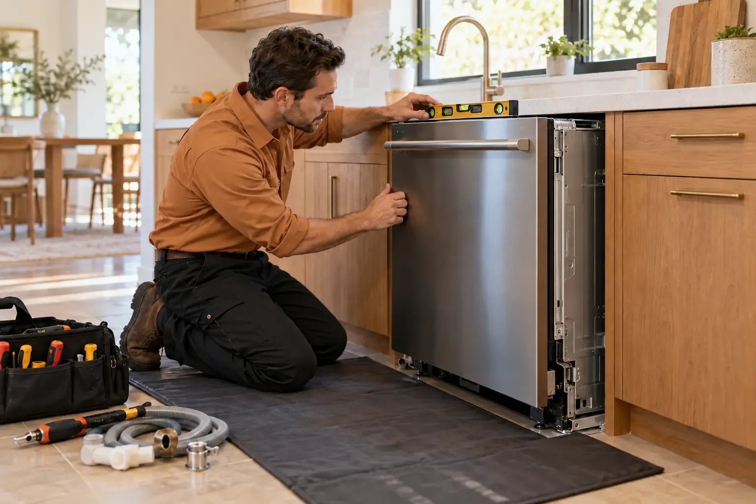 Professional appliance technician leveling a built-in dishwasher during installation