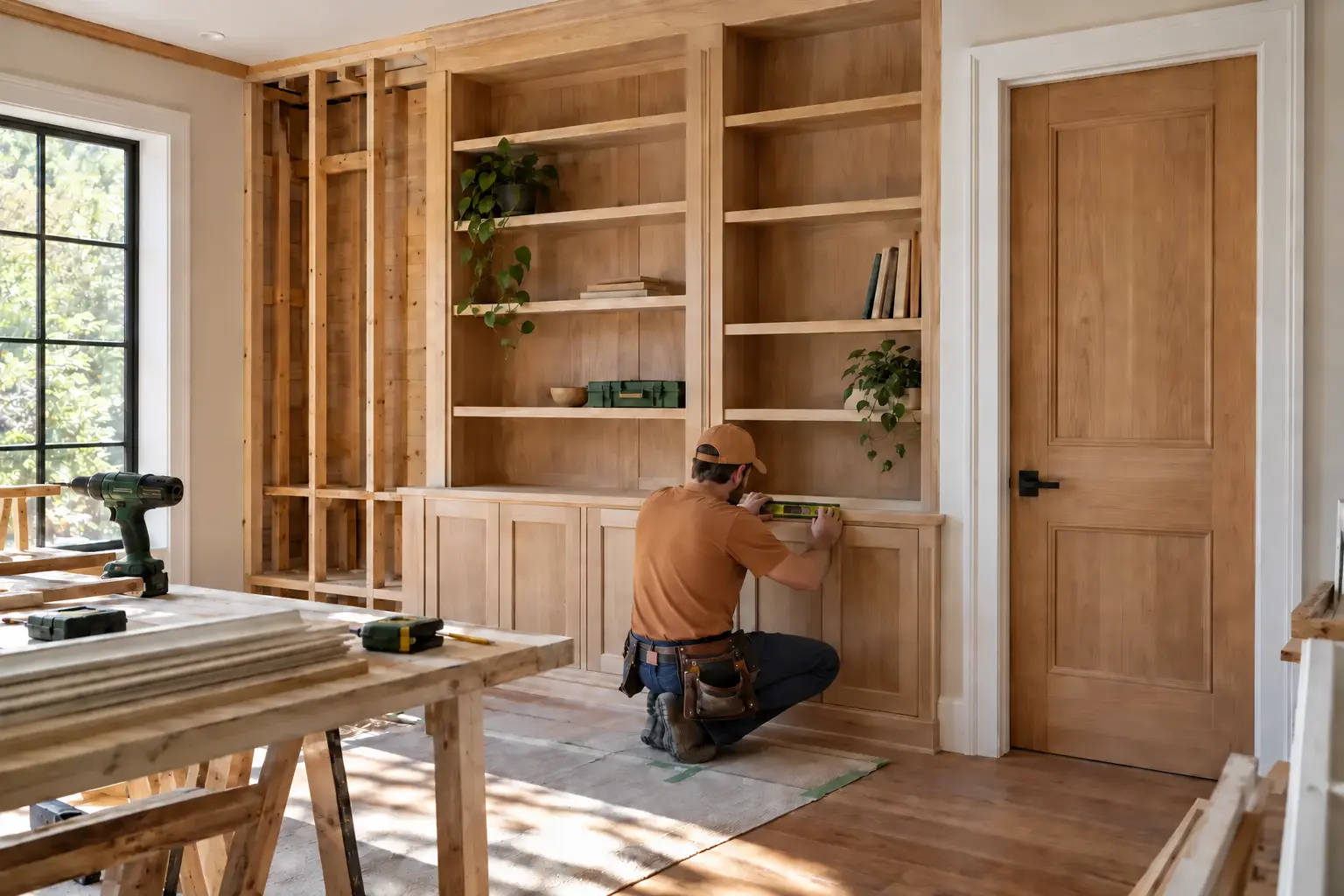 Carpenter installing custom built-in cabinetry beside visible wall framing and a finished wood door