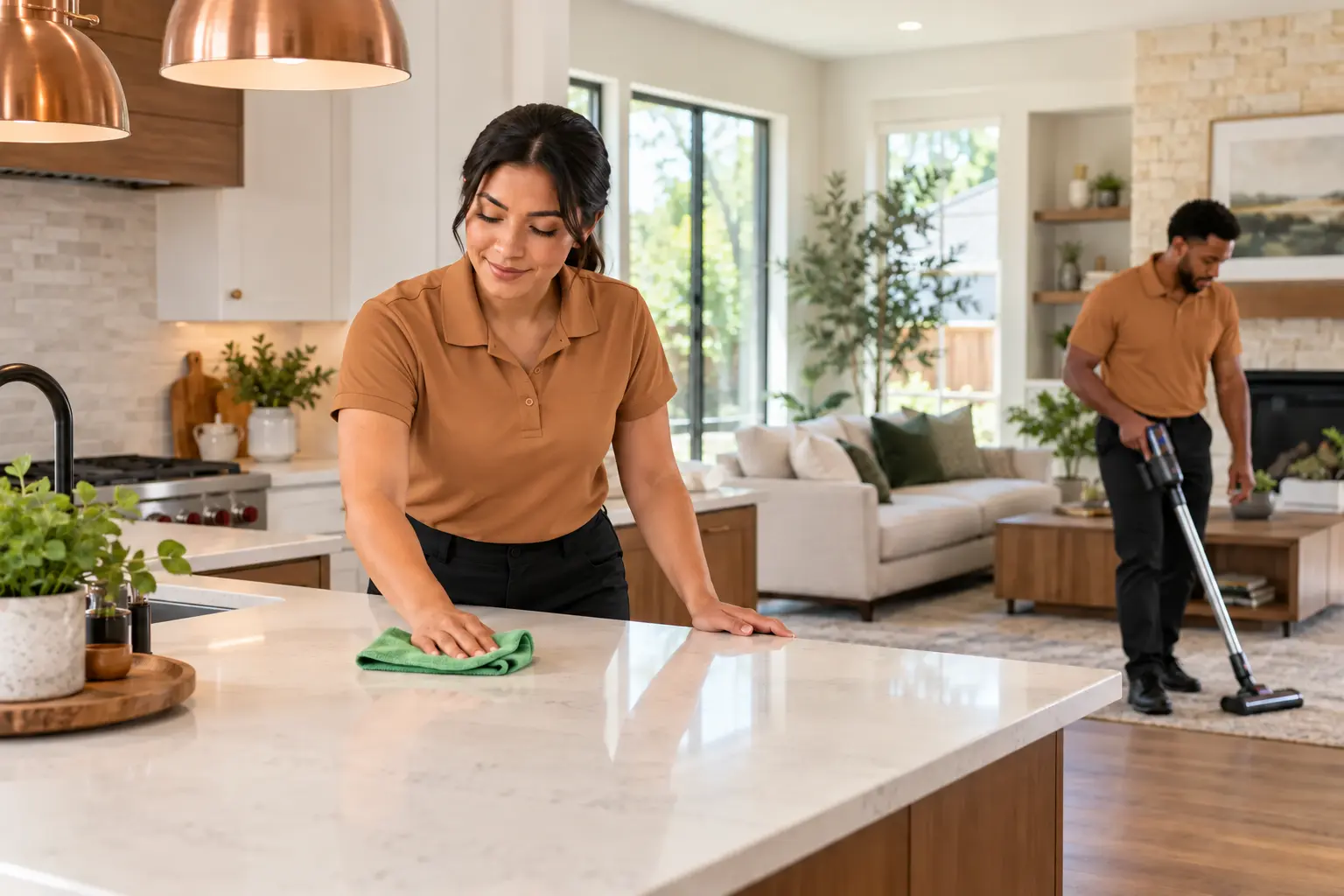 Two professional cleaners wiping a kitchen counter and vacuuming a bright home