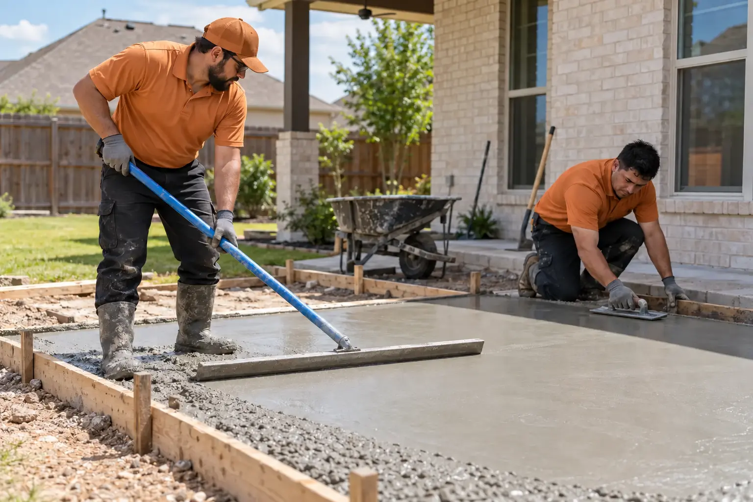 Two concrete professionals pouring and finishing a new residential patio slab
