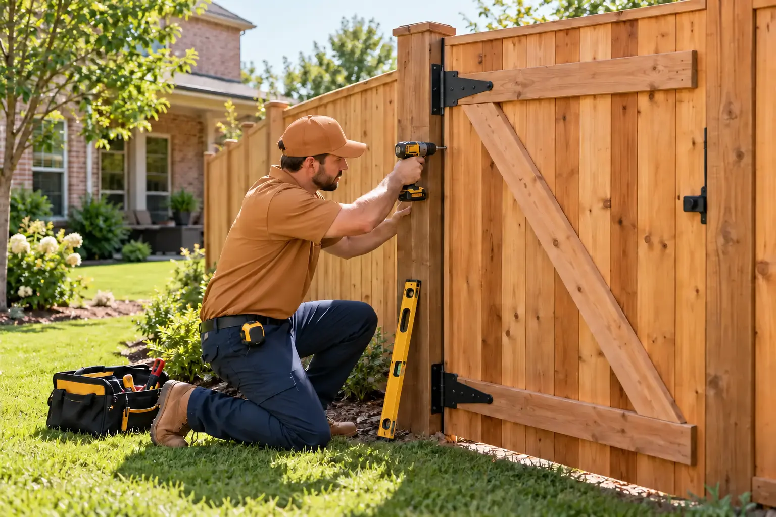 Fence specialist aligning and repairing a residential cedar privacy-fence gate