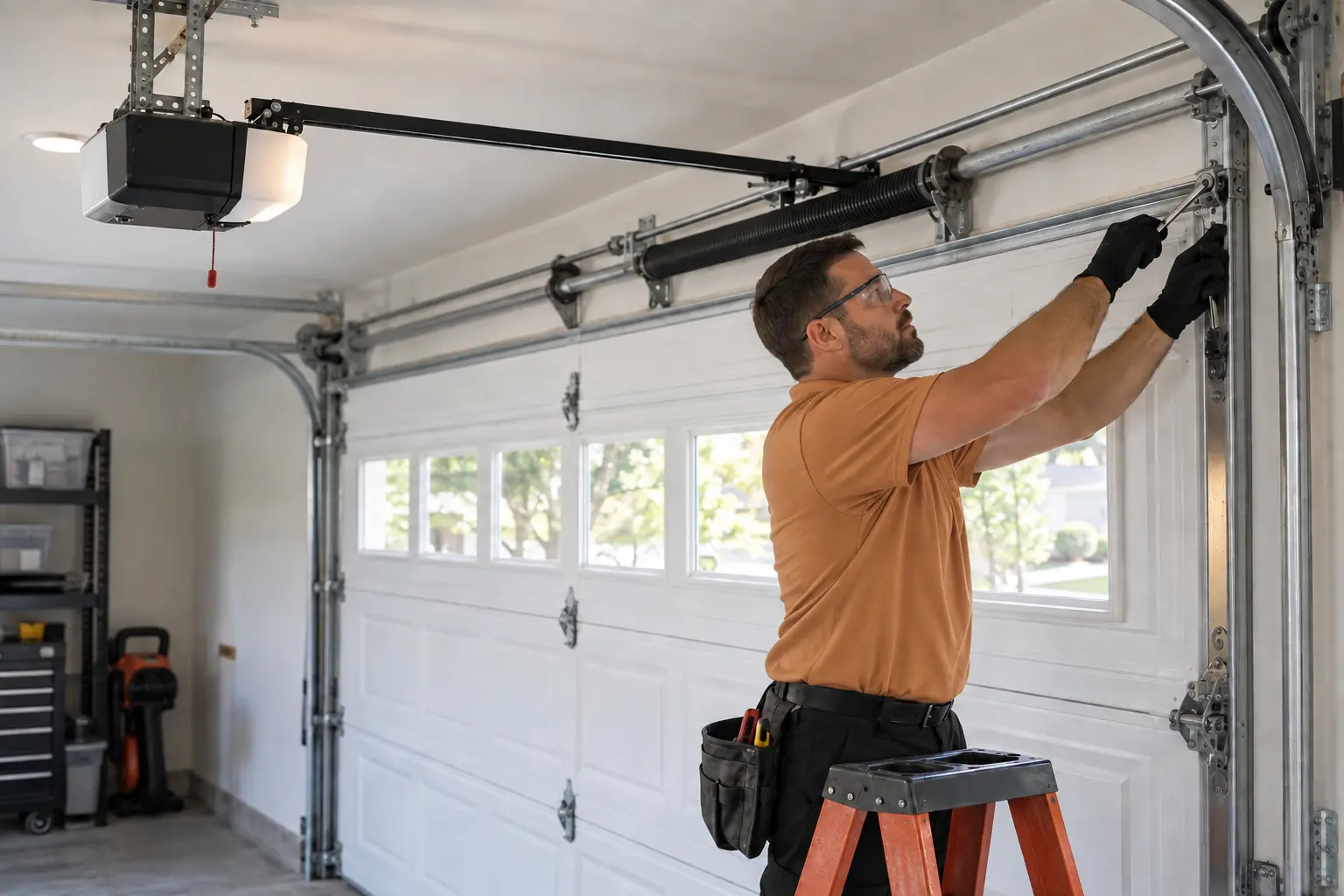 Professional inspecting a residential garage door track and opener system
