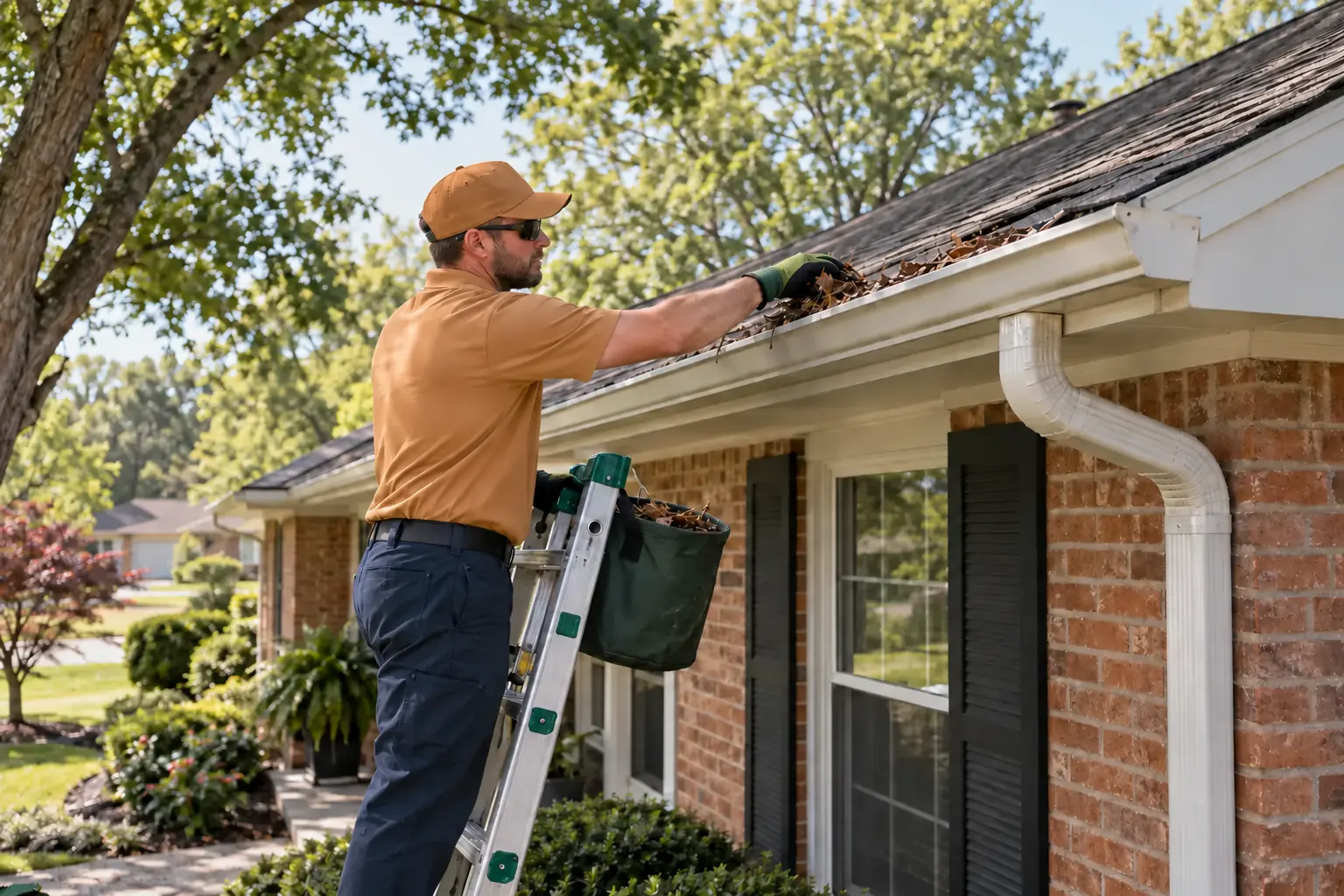Gutter technician safely removing leaves and debris from a residential rain gutter