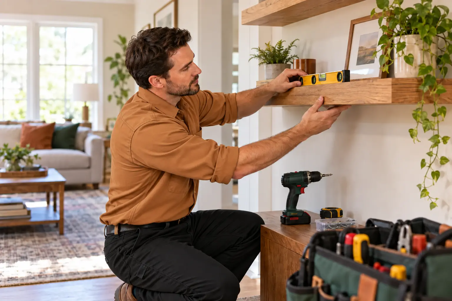 Professional handyman leveling a floating wood shelf inside a bright home