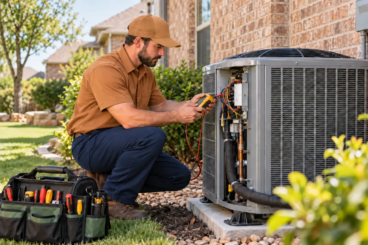 HVAC technician inspecting a residential outdoor air-conditioning condenser