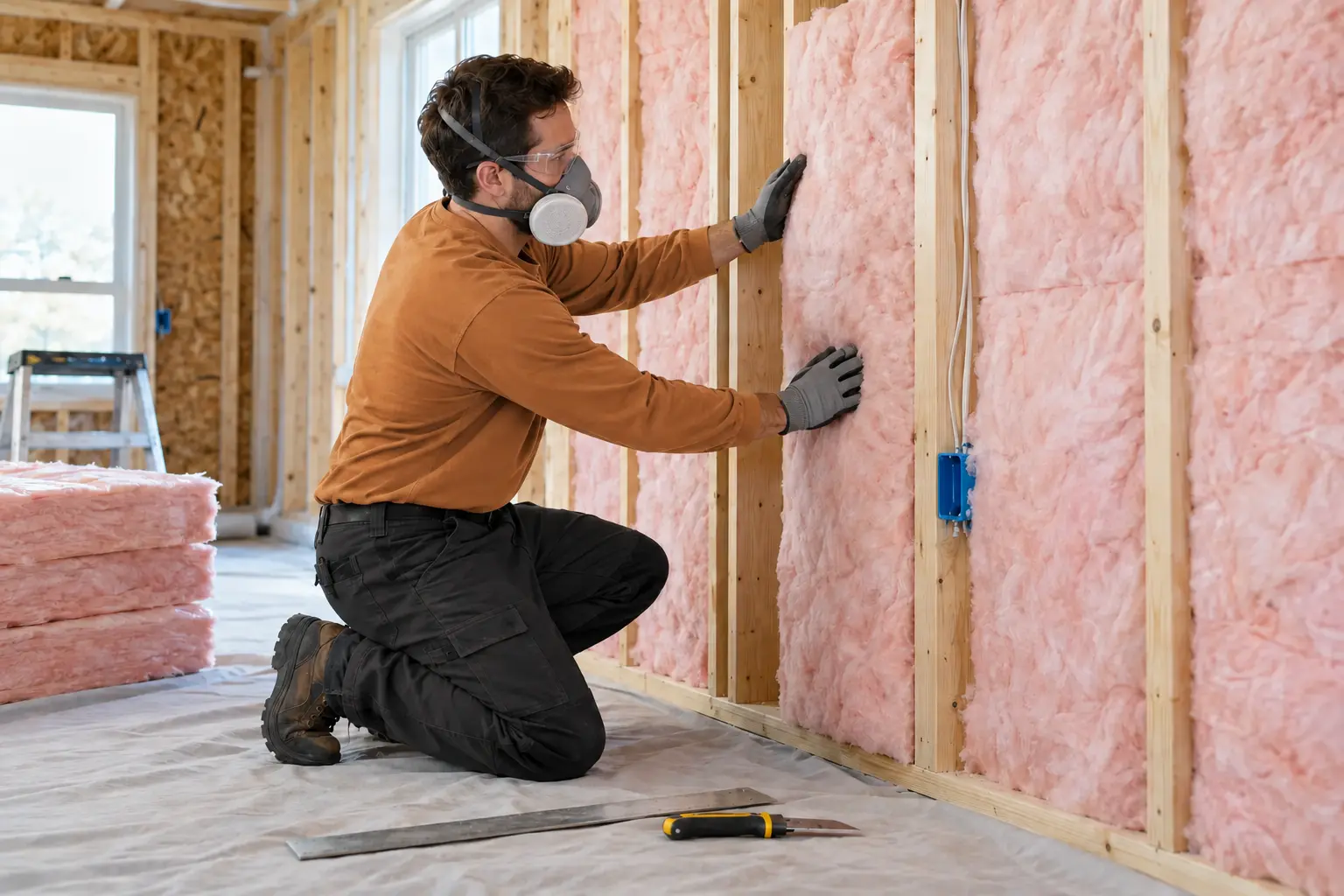 Properly protected insulation installer fitting fiberglass batts between residential wall studs
