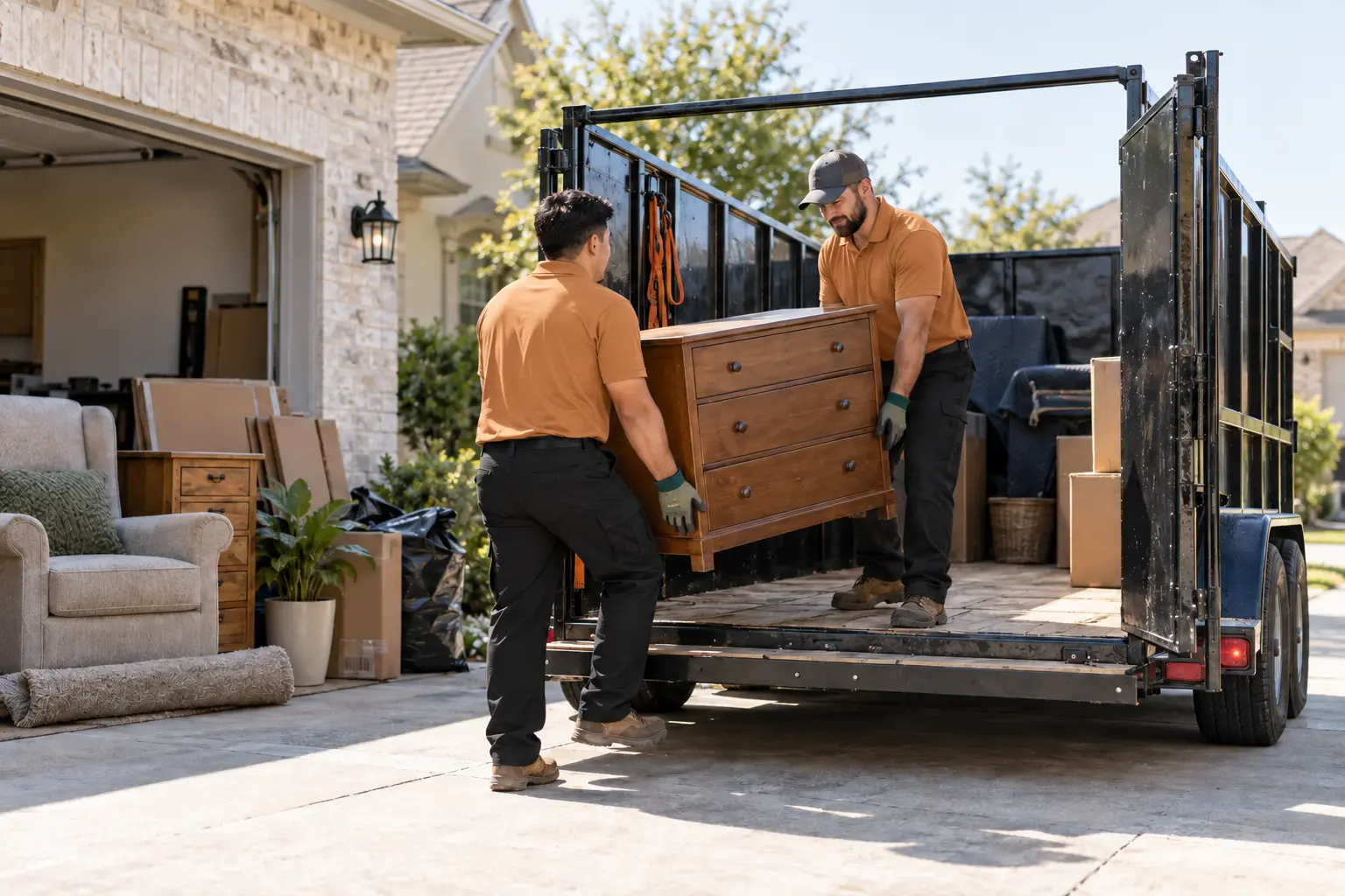 Two junk-removal professionals loading unwanted furniture into a clean dump trailer