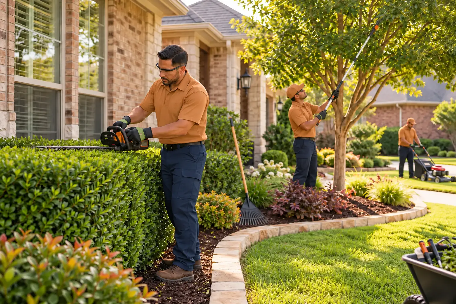 Landscape specialist trimming a hedge in a professionally maintained residential yard