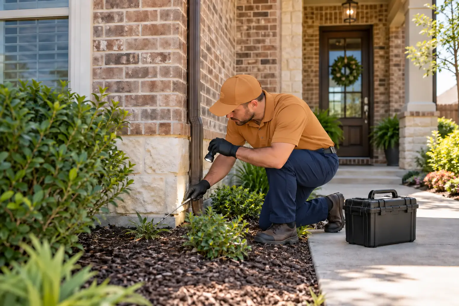 Pest-control technician inspecting the foundation perimeter of a residential brick home