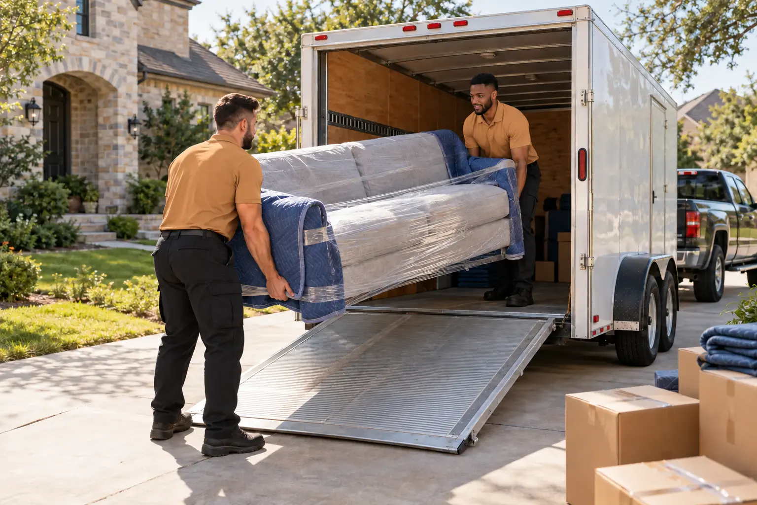Two professional movers loading a protected sofa into an enclosed trailer