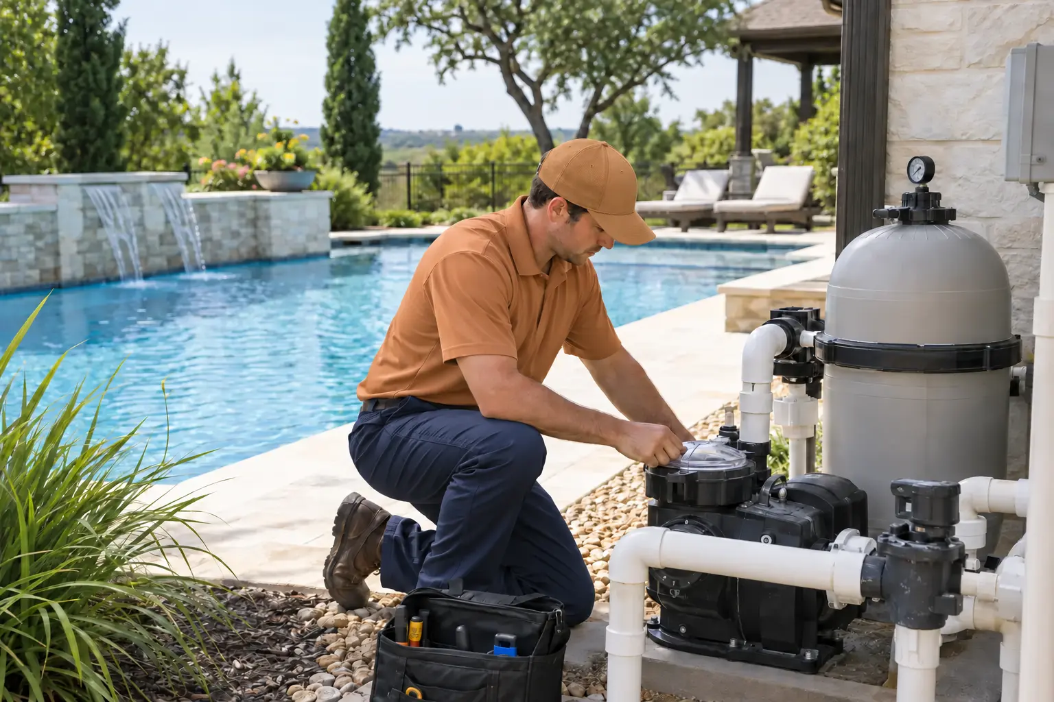 Pool service technician inspecting a residential pool pump and filter system