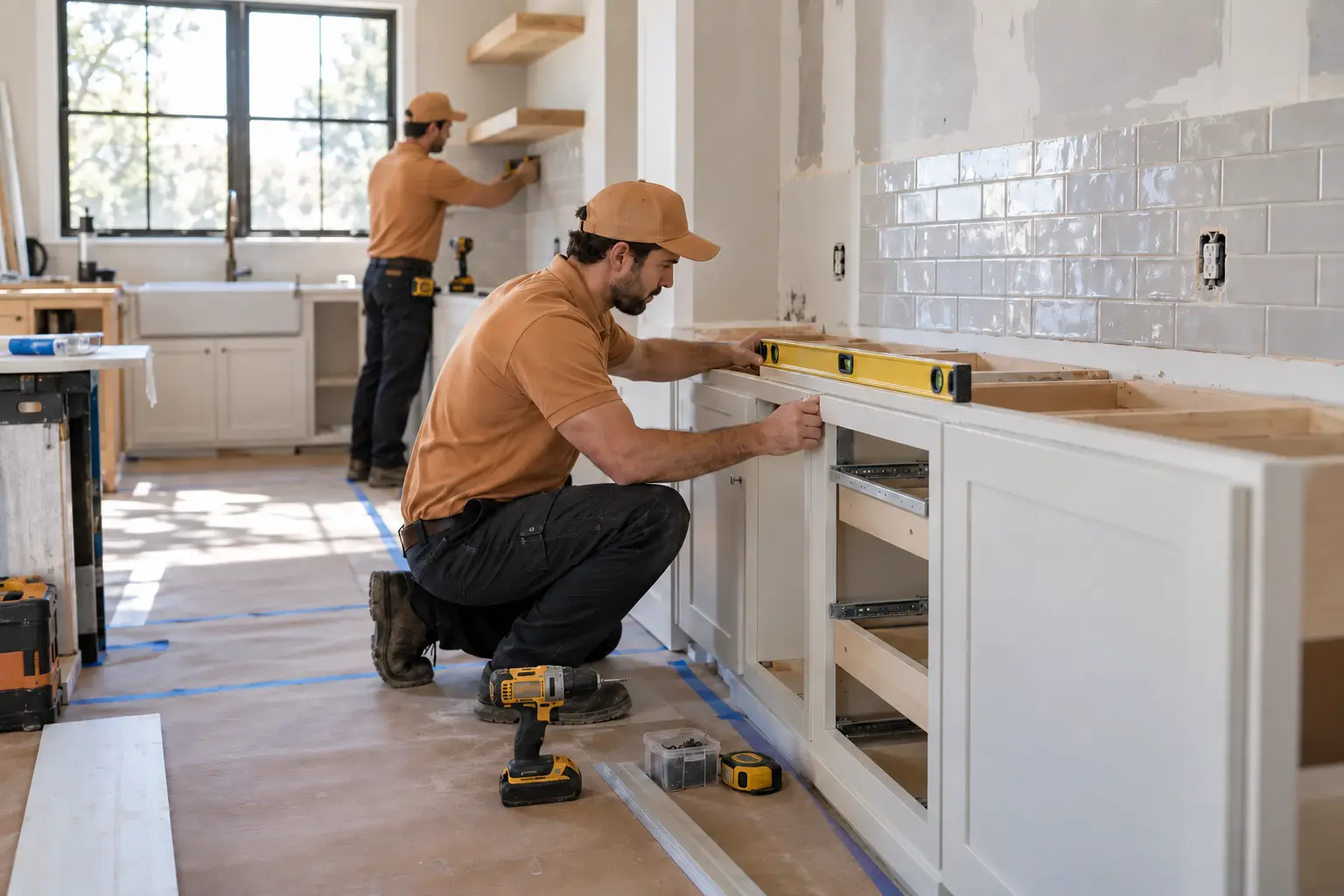 HandyNauts remodeling technician leveling new kitchen cabinetry during an active residential renovation